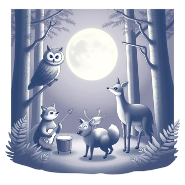A variety of forest animals gathered together in a woodland setting. A wise owl is perched on a branch, playing a flute, while a playful fox strums a guitar on the ground. Nearby, a raccoon is tapping on a small drum, and a deer stands gracefully, holding a violin with its hooves. The scene is illuminated by a large, glowing moon casting shadows through the trees, creating a magical atmosphere. Surrounding the animals are tall trees and ferns, enhancing the sense of being deep in the woods. Each animal is focused on their instrument, contributing to the joyful music in the night.