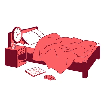 An unmade bed with rumpled sheets in a soft red color. The sheets are tossed about, revealing a slightly wrinkled white pillow lying askew. A small bedside table positioned next to the bed holds a glass of water and a clock showing the early morning hours. A single piece of crumpled paper is lying on the floor beside the bed, hinting at disturbed thoughts from a sleepless night. The room is dimly lit, creating a subtle contrast with the vibrant colors of the bed.