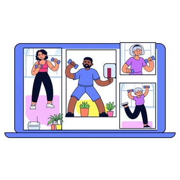 A virtual fitness class is taking place with multiple participants displayed in individual boxes on a screen. Each participant is doing hammer curls with dumbbells. The first participant, a woman with curly hair, wears a red tank top and black leggings. The second participant, a man with a beard, has on a blue t-shirt and shorts. The third participant, an elderly woman with gray hair, is dressed in a purple workout outfit. The background of each participant shows their home environment, with some having potted plants and others with exercise equipment nearby. Each person is focused on their workout, demonstrating the hammer curl movement.