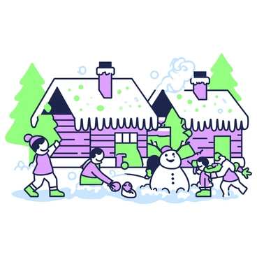 A village scene is depicted with frosted roofs adorned with icicles hanging down. The buildings are made of wooden logs and have smoke gently rising from the chimneys. In the foreground, a group of children is playing in the snow, some are building a snowman with a carrot nose, while others are engaged in a friendly snowball fight. Snowflakes are gently falling around them, creating a winter wonderland atmosphere. In the background, tall evergreen trees are dusted with snow, completing the picturesque village setting.