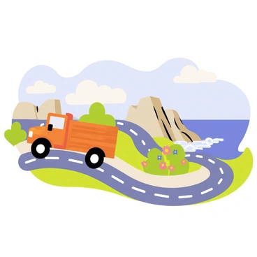 A brown truck driving along a winding coastal road. The truck has large, prominent wheels and a flatbed with a textured surface. Alongside the road, there are patches of vibrant green grass and clusters of colorful wildflowers. Below the road, the ocean is visible, with waves crashing against rocky cliffs. The water is a deep blue, and white foam forms at the crest of the waves. The sky above is clear with a few fluffy clouds scattered throughout.