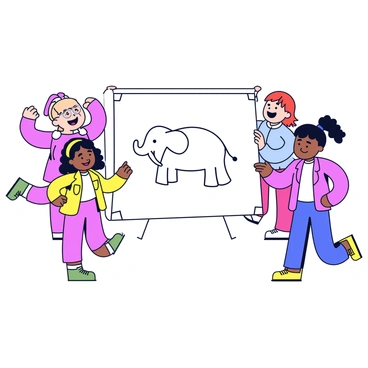 A group of four children gathered around a large white sheet of paper, eagerly pointing at a simple sketch of an "elephant." The children display a range of expressions, with one child jumping in excitement, another with hands on their cheeks in surprise, and two others leaning in closely to get a better look. Each child is wearing bright, colorful clothing, and their hair is styled in different ways. The background is minimal, focusing attention on the children's animated guesses and the sketch of the "elephant."