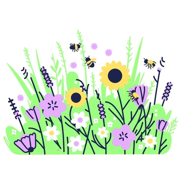 A vibrant meadow filled with various types of flowers and plants is depicted. In the foreground, there are several colorful flowers such as daisies, sunflowers, and wildflowers, each with distinct shapes and sizes. Among the flowers, bumble bees are seen buzzing around, interacting with the blossoms. One bumble bee hovers close to a sunflower, while another is perched on a delicate flower, collecting nectar. The plants vary in height and texture, with some tall grasses swaying gently. In the background, a few trees are visible, adding depth to the scene. The overall arrangement creates a lively and dynamic environment.
