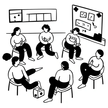 A classroom setting with a group of students gathered in a circle. Each student is applying bandages to a partner, demonstrating various techniques. Some students are sitting on the floor while others are standing, all focused on their tasks. Medical training equipment such as bandages and first aid kits is scattered around. In the background, a chalkboard displays diagrams related to first aid. The students are wearing uniforms, and their expressions convey concentration and determination.