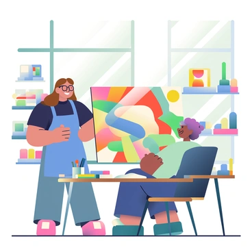 An artist with long brown hair and glasses is standing in a lively studio filled with colorful artwork and various art supplies. She is wearing a blue apron over a black shirt. In front of her, a client with short curly hair is seated at a wooden table, looking attentively at a large illustration on display. The illustration features vibrant colors and dynamic shapes. On the table, there are sketchbooks, markers, and a cup filled with brushes. Sunlight is streaming in through large windows, illuminating the creative atmosphere of the studio. Both the artist and client are animatedly discussing the details of the illustration.