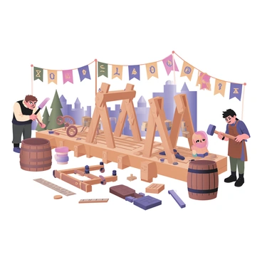 A digital flat illustration featuring a whimsical assembly line set in a medieval environment. The assembly line is composed of wooden planks and beams, with various catapults at different stages of construction. In the foreground, there is a half-built catapult with wooden wheels and rope mechanisms, surrounded by tools like hammers and saws. On one side of the assembly line, a jovial blacksmith with a bushy beard and a leather apron is working, holding a large hammer. On the other side, a young apprentice is measuring wooden pieces with a long ruler. Bright banners hang overhead, depicting various medieval symbols, and there are barrels filled with materials scattered around. In the background, a castle can be seen, along with a few trees and a clear blue sky.