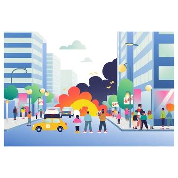 A bustling city street with a dramatic car explosion in the background