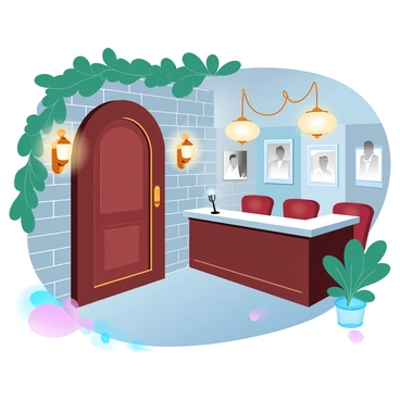 A hidden speakeasy is situated behind a large, ornate wooden door that blends seamlessly into the brick wall of an alley. The entrance is partially obscured by lush, green vines and decorative sconces that emit a warm glow. Inside, the ambiance is filled with vintage 1920s décor, featuring rich mahogany furniture and plush, deep-colored velvet upholstery. Brass accents adorn the bar, where tall cocktail glasses are lined up, reflecting the soft light. Elegant chandeliers hang from the ceiling, casting a gentle illumination over the scene. A small stage in the corner showcases an old-fashioned microphone, inviting musicians to perform. The walls are decorated with framed black-and-white photographs, capturing the spirit of the Roaring Twenties.