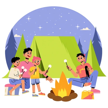 A camping scene featuring a family of four gathered around a glowing campfire. The parents and two children are smiling and holding sticks with fluffy white marshmallows roasting over the flames. Behind them, a large green tent is set up, with various camping gear scattered nearby. Above, a sky full of stars twinkles brightly, with a few clouds softly drifting. Tall pine trees surround the campsite, adding to the outdoor atmosphere. A soft glow from the campfire illuminates their faces, creating a warm and inviting scene.
