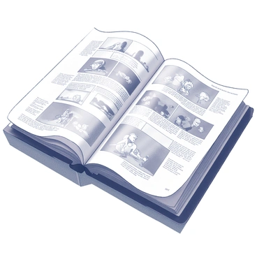 A storyboard book open to several pages, featuring multiple panels arranged in a grid format. Each panel contains sketches that depict an animated sequence, showcasing character movements and key actions. There are handwritten notes alongside the panels, providing descriptions and directions for each scene. The book is set on a wooden table, with some pages slightly curled at the edges, creating a sense of depth and realism. The background is blurred to keep focus on the detailed illustrations and text of the storyboard.