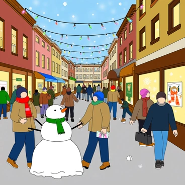 A bustling street filled with people walking and shopping, each wearing various winter attire such as colorful scarves, warm coats, and knitted hats. The scene is vibrant with a variety of holiday lights strung across buildings and trees, casting a warm glow over the street. Shoppers are carrying bags with gift items. Some people are stopping to admire beautifully decorated shop windows that showcase festive displays. A large snowman is positioned on a sidewalk, surrounded by a few children building snowballs. Snowflakes are gently falling from the sky, adding to the wintry atmosphere.