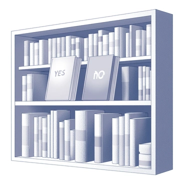 A bookshelf filled with multiple rows of neatly arranged books. Two books are prominently displayed on the shelf. One book is titled "Yes" and the other book is titled "No." Each book has a distinct and contrasting design, highlighting their titles. The spines of the books are clear and easy to read, adding to the overall neatness of the bookshelf. The backdrop consists of additional books that create a sense of depth and organization within the shelf.