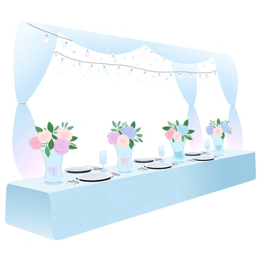 A wedding reception scene is set with a long banquet table decorated with elegant floral centerpieces in varying shades of pastel colors. The centerpieces are arranged in luminous glass vases filled with fresh blooms. Twinkling string lights are draped overhead, creating a warm glow throughout the venue. Elegant table settings include fine china and sparkling glassware, all arranged neatly on white tablecloths. The background features soft fabric draping that adds to the romantic atmosphere.