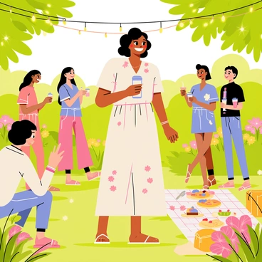 Marianne is wearing a light pastel dress with floral patterns, smiling brightly as she stands among her friends. The garden party is set in a lush green garden filled with colorful flowers. Fairy lights are strung above, casting a warm, inviting glow throughout the scene. Friends around her are laughing and holding drinks, while a picnic blanket with an assortment of treats is spread on the grass nearby. The atmosphere is lively and joyful, with the soft sparkle of lights creating a magical ambiance.