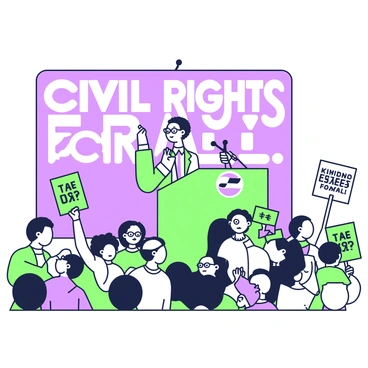 A Civil Rights leader stands on a stage delivering a powerful speech. The leader is dressed in a suit and tie, with a confident expression and raised hand emphasizing their words. In front of the stage, a diverse crowd of activists is gathered, showcasing a mix of ethnic backgrounds and ages. Some individuals are holding signs with messages of unity and equality. The audience is engaged, with expressions of determination and hope. The background features a large banner displaying the words "Civil Rights for All," vividly capturing the spirit of the moment.
