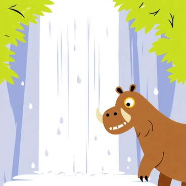 "The Gruffalo" character is depicted standing beside a large, cascading waterfall. The waterfall is shown pouring down from a rocky cliff, creating a mist that floats in the air around it. The background features lush green foliage and trees framing the scene. The Gruffalo's textured brown fur and distinct features, including his large tusks and orange eyes, are visible as he gazes at the waterfall. Bright white droplets of water catch the light as they fall, adding to the vibrant atmosphere of the scene.