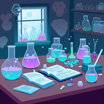 A cluttered laboratory filled with an array of bubbling potions in various sizes, each glowing with vibrant colors. Glass beakers and flasks are scattered across the wooden workbench, some containing swirling liquids while others have mysterious, unidentifiable substances. Strange ingredients, like dried herbs, animal bones, and shimmering crystals, are piled haphazardly in jars and containers. An old, dusty book lies open, its pages filled with handwritten notes and drawings of fantastical creatures. Dim light filters in through a small, dirty window, casting shadows on the walls lined with shelves full of oddities.
