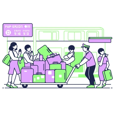 A porter is pushing a trolley full of suitcases along a bustling platform. The porter is wearing a uniform, complete with a cap, and is straining slightly as he navigates through the crowd. Luggage of various sizes and colors is stacked high on the trolley, some suitcases are adorned with travel stickers, while others are plain or patterned. Surrounding the porter, people are moving about, some are talking on their phones, while others are checking their tickets. In the background, there are large windows revealing glimpses of a train and a digital display board showing arrival and departure times.