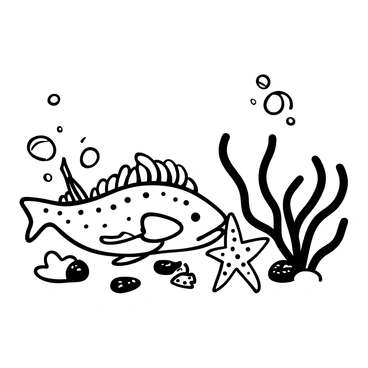 An anglerfish resting on the ocean floor, its body displaying intricate textures and patterns. The anglerfish has a prominent lure extending from its head. Next to the anglerfish, a starfish with multiple arms is positioned on the sandy ground. Various small pebbles and marine debris are scattered around them, contributing to the underwater scene. Bubbles are rising from the ocean floor, creating a dynamic aspect to the stillness of the moment.