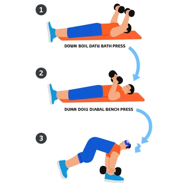 A step-by-step diagram illustrating the movements involved in a "dumbbell bench press" exercise. The first step shows a person lying on a flat bench with a dumbbell in each hand, arms extended above the chest. The second step depicts the person lowering the dumbbells down towards the chest, elbows bending at a 90-degree angle. The third step highlights the individual pressing the dumbbells back up to the starting position, arms fully extended. Each step includes clear labels and arrows indicating the direction of movement. The diagram has a clean layout with contrasting colors for easy readability.