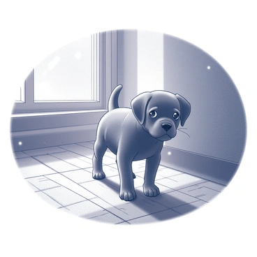 A small puppy with floppy ears and wide, alert eyes stands on a wooden floor. The puppy's body is tense, and its tail is tucked between its legs. Around it, the floorboards are uneven and slightly worn, with visible crevices and grooves that suggest age. The atmosphere is filled with the subtle sound of creaking floorboards, creating a sense of unease. Dust motes drift in the air, faintly illuminated by a soft light filtering through a nearby window. The walls are lined with old wallpaper, peeling in places, adding to the ambiance of the old house.