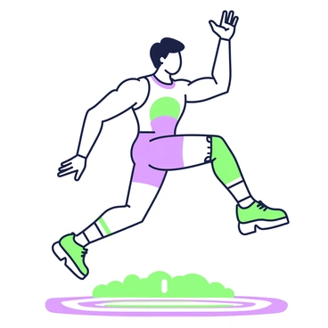 An athlete is captured mid-air performing a jump, showcasing a dynamic pose with legs extended and arms raised. The athlete is wearing a fitted sports uniform that emphasizes their muscular physique. The knee joint is prominently displayed, highlighting the hyaline cartilage, with an annotated outline to indicate its location. The background includes a subtle representation of a running track to add context to the athletic environment. The athlete's facial expression conveys concentration and determination as they execute the jump.