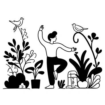 A person in a yoga pose is focused and balanced among lush greenery in a garden. The figure is surrounded by various plants and flowers, adding richness to the scene. Birds of different sizes are perched on nearby branches and garden furniture, observing the person curiously. The atmosphere is peaceful, with scattered leaves and grass underfoot, creating a serene environment.