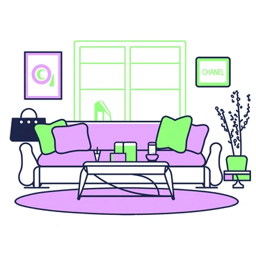 A luxurious living room featuring elegant Chanel decor. In the center, a plush sofa is adorned with decorative cushions. To the left, a sleek coffee table hosts an arrangement of scented candles in chic holders. A large Chanel bag is casually placed on the armrest of the sofa. On the walls, framed artwork with Chanel motifs is displayed, enhancing the ambiance. A plush area rug covers the wooden floor, and large windows allow natural light to fill the space, illuminating the opulent details.