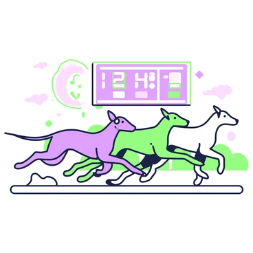 A group of greyhounds is racing down a track, each dog displaying a sleek and athletic build as they sprint forward. The greyhounds are in various poses, showcasing their powerful legs and streamlined bodies. In the background, an animated scoreboard is prominently displayed, featuring changing numbers and graphics that reflect the race's progress. The atmosphere is energetic, with a sense of motion capturing the excitement of the event. The track is well-defined, creating a clear path for the racing dogs.