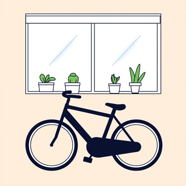 A sunlit room with soft light streaming through the window. In the center of the room is a single black spin bike with a sleek design and adjustable seat. On the windowsill, there are three small green plants in simple white pots, each plant having distinct shapes and sizes. The walls of the room are painted in a light neutral color, creating a warm atmosphere.