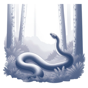A large snake is partially visible as it emerges from a dense mist in a jungle setting. The body of the snake is coiled and its scales are detailed, showcasing its length and texture. Surrounding the snake, tall trees are shrouded in fog, with their trunks and branches appearing faintly through the haze. The ground is covered with lush vegetation, including ferns and underbrush. The overall scene conveys an atmosphere of mystery and intrigue, as the mist subtly obscures the surroundings.