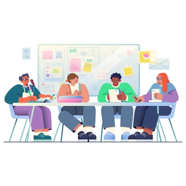 A group of five students is sitting at a large rectangular table in a classroom. The students are engaged in a brainstorming session, each appearing focused on their task. One student has curly black hair and is gesturing with his hands while explaining an idea. Another student, with straight brown hair, is writing notes in a notebook with a blue cover. A third student, with glasses and red hair, is looking at a stack of colorful sketches spread out on the table. To the left, a girl with braided hair is drawing on a large sheet of paper, surrounded by markers and pencils. The classroom walls are adorned with various sketches and notes pinned up, creating a colorful and creative environment. A whiteboard in the background features scribbled ideas and diagrams in different colors.