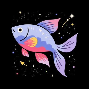 A colorful betta fish with flowing fins is swimming gracefully through a dark, starry background. The fish displays vibrant shades of blue, red, and purple. Twinkling stars and distant galaxies create a dreamy outer space atmosphere. Soft, swirling nebulae in shades of pink and turquoise surround the fish, adding to the surreal environment. A few sparkling comets streak across the scene, enhancing the sense of movement and wonder in the cosmos.