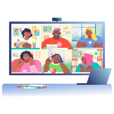 A large screen is set up in a modern conference room, displaying a video call with several illustrators from different parts of the world. On the screen, there are five diverse individuals, each in their own unique environment. One illustrator has dark curly hair and is sitting in a studio filled with art supplies. Another person has straight black hair and is surrounded by colorful posters. A third person has short blonde hair and is in a bright, sunlit room with plants around. The fourth illustrator has medium brown skin and is seated in front of a large window overlooking a cityscape. The last illustrator has long red hair and is in a cozy space with bookshelves filled with art books. Each person is animatedly discussing their ideas, with sketches and digital illustrations visible on their screens. In the foreground, a table holds sketch pads, colored markers, and a laptop.