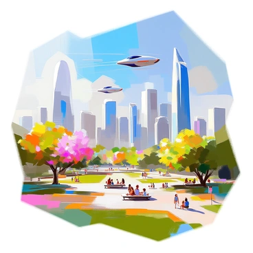 A futuristic cityscape featuring a skyline filled with towering skyscrapers of various shapes and sizes, reflecting sunlight off their glass facades. Flying cars are zipping through the sky at different altitudes, leaving trails of light behind them. Below, expanses of lush green parks are interspersed among the buildings, with people walking on paths, having picnics, and relaxing on benches. The parks include vibrant flowers and trees, providing a contrast to the modern architecture. The atmosphere is bright, showcasing a clear blue sky above the bustling city.