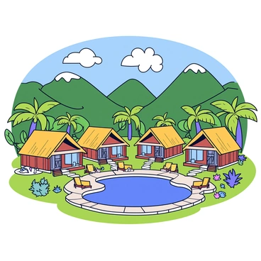 A sustainable tourist resort located in a lush tropical environment. The resort features several eco-friendly wooden bungalows with thatched roofs surrounded by vibrant green palm trees and colorful flowers. There is a central swimming pool with clear blue water, bordered by sun loungers made of natural materials. Pathways made of stone lead through the resort, connecting the different areas. In the background, there are tall mountains covered in dense vegetation. The sky is bright blue with a few fluffy white clouds.