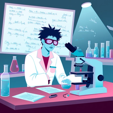 A scientist with wild, frizzy hair wearing oversized goggles is intensely focused on his work. He is surrounded by a cluttered lab filled with beakers, test tubes, and scientific equipment. Papers are scattered across a large wooden desk, and a whiteboard covered in complex equations and diagrams is in the background. The lighting is dim, with bright light shining from a microscope positioned nearby, casting shadows across the workspace.