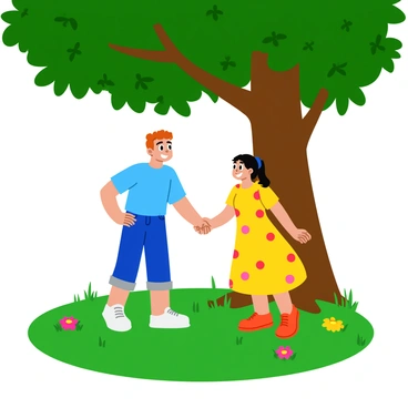 Two children performing a secret handshake beneath a large, leafy tree. The first child is wearing a bright blue t-shirt and denim shorts, while the second child is dressed in a yellow dress with colorful polka dots. Both children are smiling widely as they connect their hands in the middle of the handshake. Sunlight filters through the tree branches, casting playful shadows on the ground around them, creating a lively atmosphere. In the background, a few scattered flowers add vibrant pops of color to the green grass.