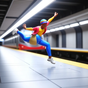 A breakdancer in a stylish outfit, with a colorful cap, executing a dynamic move on an empty metro platform. The dancer is airborne, with one leg extended and arms positioned for balance. The platform features gray tiles and overhead lights casting a bright glow. In the background, a sleek metro train is partially visible, waiting at the station. The scene conveys energy and motion, highlighting the dancer's athleticism.