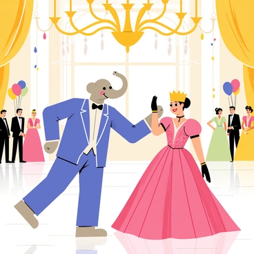 Babar, the elephant in a royal blue tuxedo, is dancing gracefully with Queen Celeste, who is wearing an elegant flowing pink gown adorned with sparkling sequins. They are in a lavish ballroom with a shiny marble floor, glimmering under the light of a grand chandelier with multiple golden arms and crystal droplets. Colorful balloons and streamers decorate the surrounding walls, adding a festive atmosphere. Other elegantly dressed animals can be seen in the background, enjoying the festivities. The scene captures the joy and elegance of the royal ball.