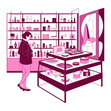 A customer is standing in the luxury cosmetics department at Harrods, examining a large array of elegant product displays. The displays are filled with beautifully packaged cosmetics in various shapes and sizes. The walls are adorned with luxurious mirrors reflecting the soft lighting that enhances the inviting atmosphere. The customer, dressed in stylish attire, is holding a small sample bottle while contemplating their choices. Nearby, a well-organized shelf showcases shimmering palettes, colorful lipsticks, and delicate skincare products, each elegantly arranged to attract attention.