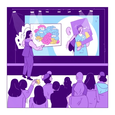 An artist stands confidently on a stage, showcasing their illustrated work. The artist is holding a large illustrated canvas, displaying vibrant colors and intricate designs. The background includes a large screen projecting their artwork in detail. The audience is filled with diverse individuals, looking intently at the illustrations with expressions of curiosity and amazement. Spotlights illuminate the stage, creating a dramatic atmosphere. Some audience members are taking notes, while others are reaching out to grasp the creativity unfolding before them.