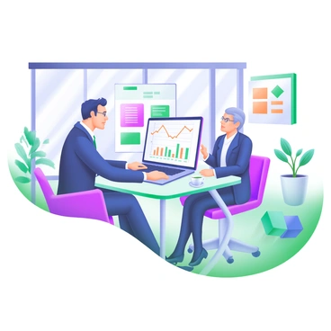 A financial advisor is sitting at a sleek, glass table in a modern office, reviewing various financial charts on a laptop screen. The advisor is dressed in a tailored suit and is calmly discussing the data with a client, who is actively engaged in the conversation. The client is a middle-aged person, wearing business casual attire, leaning slightly forward with a thoughtful expression. Surrounding them are floor-to-ceiling windows that let in natural light, and contemporary art pieces are displayed on the walls. A potted plant sits in the corner, and a coffee cup rests on the table between them. The room is decorated in a neutral color palette with touches of pastel accents.