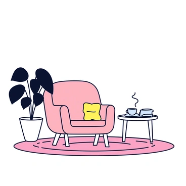 A cozy living room corner featuring a reading chair upholstered in soft fabric. The chair is positioned next to a large monstera plant with broad, dark green leaves, which is placed in a simple white pot. A small side table is situated next to the chair, supporting a steaming cup and an open book. The floor has a warm, textured rug underneath the chair, adding to the inviting atmosphere of the space.