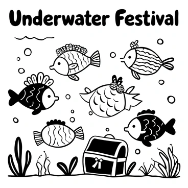 A group of fish swimming in a vibrant underwater scene, each fish adorned with intricate, colorful costumes. Some fish are wearing elaborate headdresses made of seashells and corals, while others are decorated with sparkling sequins. Bubbles float through the water, and strands of seaweed add to the festive atmosphere. In the background, a sunken treasure chest is partially visible, surrounded by various decorations like ribbons and streamers made from aquatic plants. The words "Underwater Festival" are displayed prominently above the lively scene.