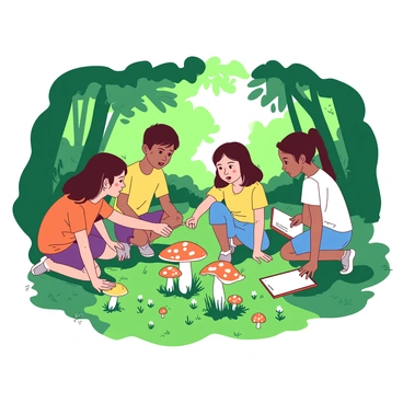 A group of children is gathered in a lush green forest, intently observing various mushrooms growing on the forest floor. Each child has a look of curiosity on their face as they lean closer to examine the unique shapes and colors of the mushrooms. Some children are kneeling down, while others stand with hands on their hips. In the background, dappled sunlight filters through the leaves, creating a play of light and shadow. One child is pointing excitedly at a particularly large orange mushroom, while another takes notes on a small white clipboard.
