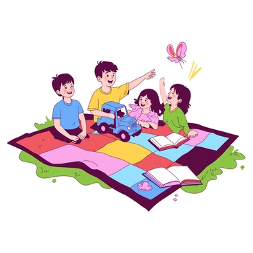 A bright duotone patchwork blanket composed of various fabric squares in multiple colors is spread out on lush green grass. A group of children, consisting of three boys and two girls, are sitting closely together on the blanket. One boy is holding a blue toy truck, while another girl has a pink stuffed bunny in her lap. The third boy is pointing excitedly at a butterfly flying nearby. The fourth child, a girl, is reaching for a colorful book lying on the blanket. They all appear joyful, with smiles on their faces, enjoying their time together outdoors.