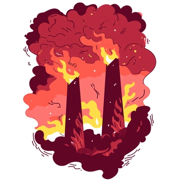 Two towering structures reach high into the sky, their edges sharply defined as they are engulfed in orange and red flames. The flames swirl around the towers, creating an intense glow that illuminates the surrounding area. Above, the sky is a blend of fiery colors, with hues of red and orange merging to form a dramatic backdrop. The towers stand out as dark silhouettes against this vibrant and chaotic sky, emphasizing the ferocity of the flames that surround them. Ashes and sparks dance in the air, adding to the scene's intensity.