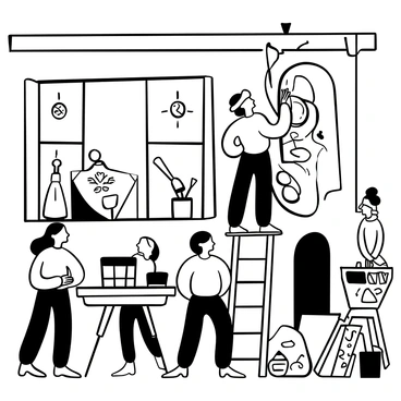 An artist in Renaissance clothing standing on a ladder, carefully painting a large mural on the wall. The mural features elaborate designs and intricate patterns. The workshop is filled with various art supplies, including paintbrushes, palettes, and jars of paint. There are wooden easels with unfinished canvases scattered throughout the space. Sunlight streams through large windows, illuminating the artist and the mural. Other artists are depicted in the background, engaged in their own creative tasks.