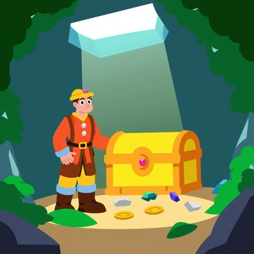 A heroic figure stands in a hidden chamber, illuminated by the soft glow of the golden treasure chest. The hero, dressed in a rugged adventurer's outfit, is gazing with wide eyes at the chest, which is adorned with intricate carvings and jewels. The chamber walls are made of ancient stone, partially covered in vibrant green moss. Various artifacts and gold coins are scattered around the chest, adding to the sense of discovery. Sunlight filters through a crack in the ceiling, casting beams of light onto the hero and the treasure.